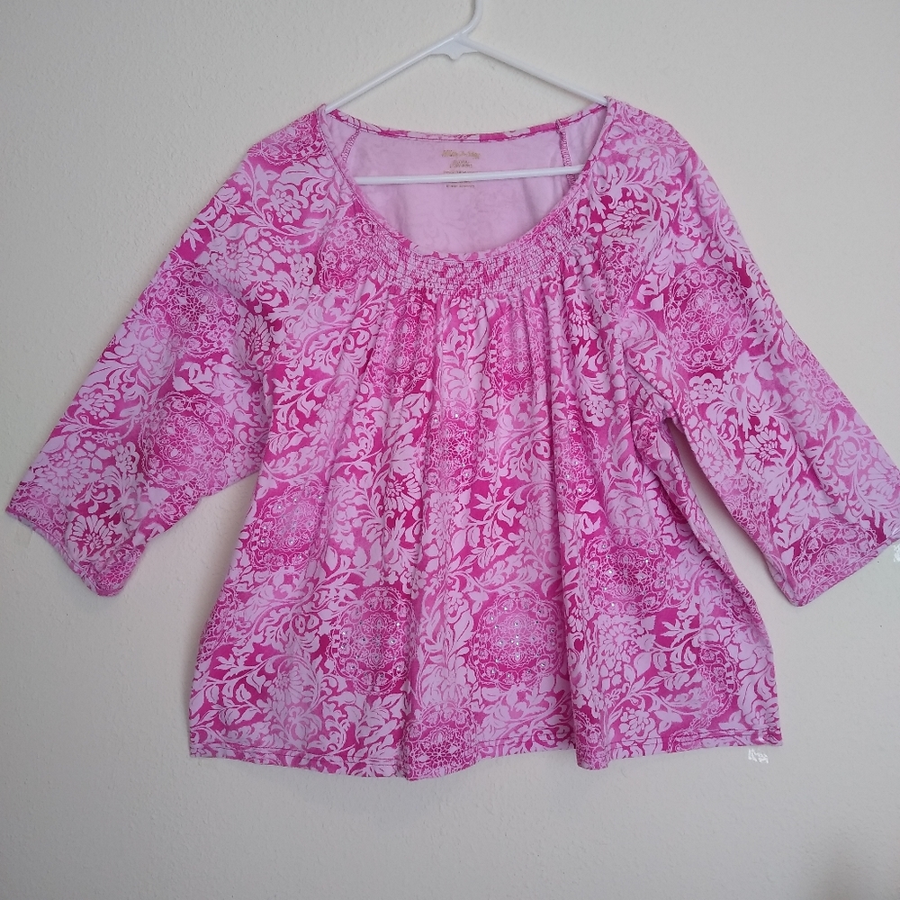 Lady's White Stag, Pink & White Floral Top Size 3X.